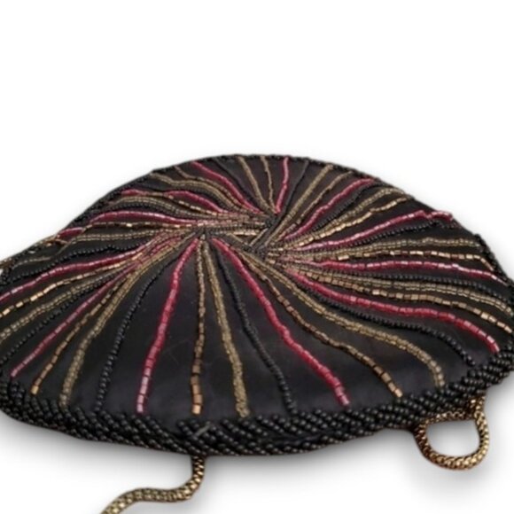 VINTAGE Beaded Black Satin Clamshell Crossbody Purse Clutch Bag Chain Strap Kiss - Picture 5 of 7